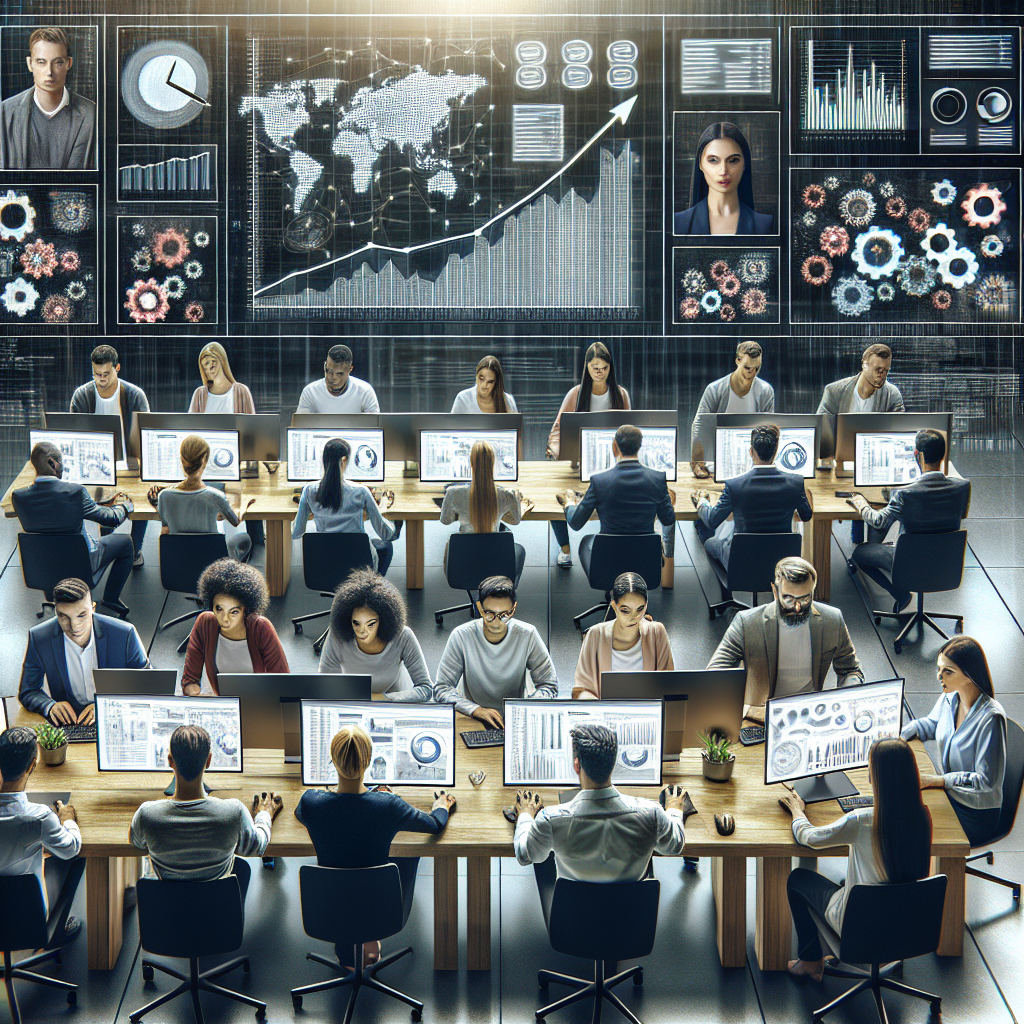A visual representation of a team conducting tests on automated workflows with analytics dashboards displayed