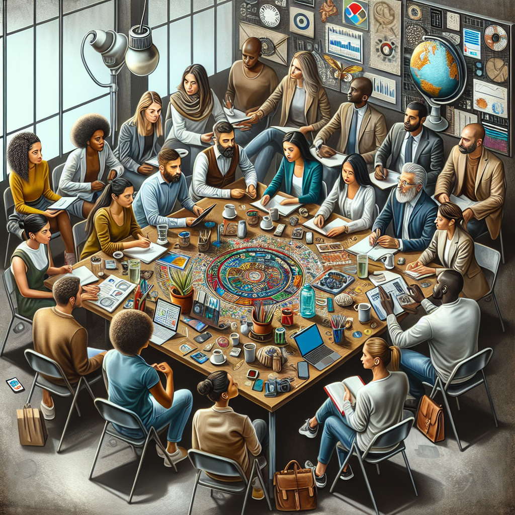A diverse group of marketers brainstorming ideas around a table filled with cultural artifacts and digital devices