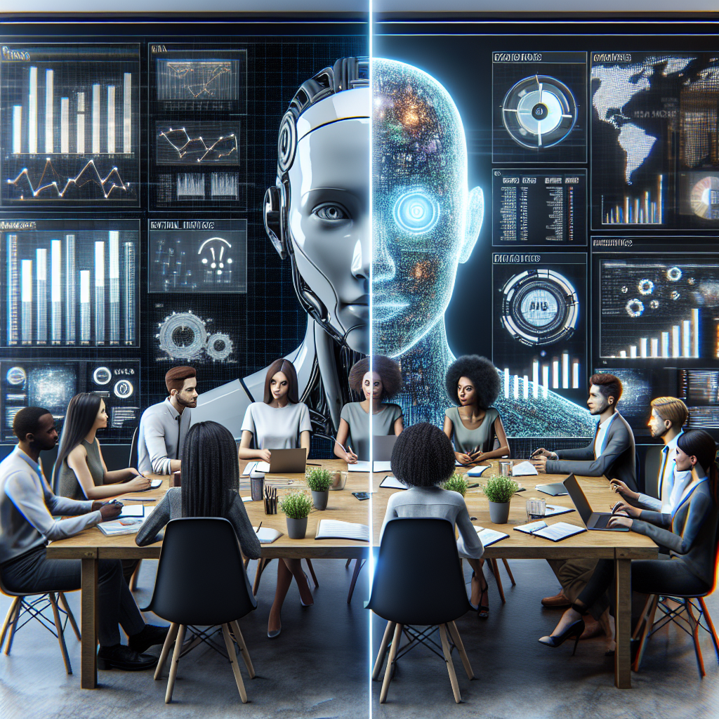 A split-screen image showing one side with data analytics and charts driven by AI, while the other side depicts a brainstorming session among diverse marketers