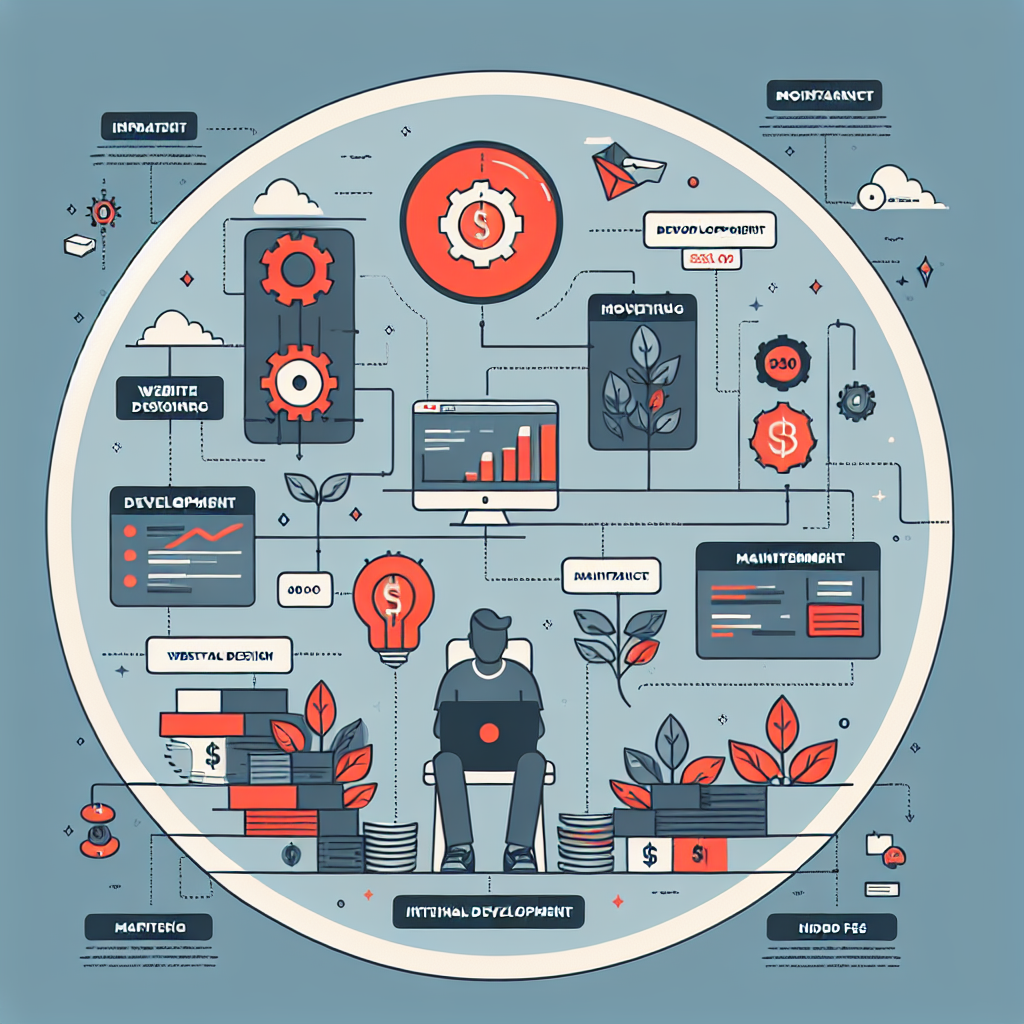 A creative infographic illustrating website design costs breakdown with elements like initial development, maintenance, and hidden fees.