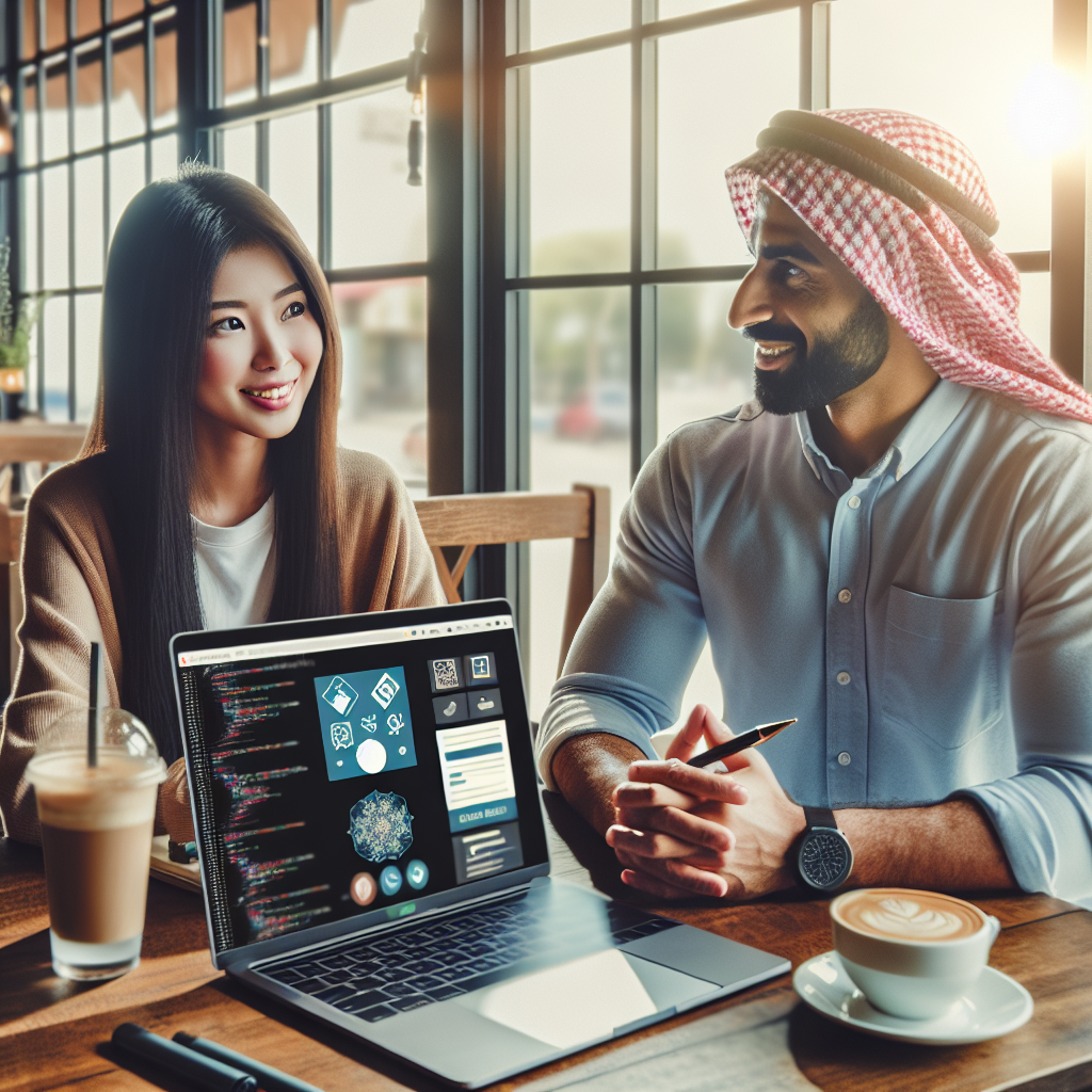 A friendly web designer discussing costs with a small business owner at a coffee shop