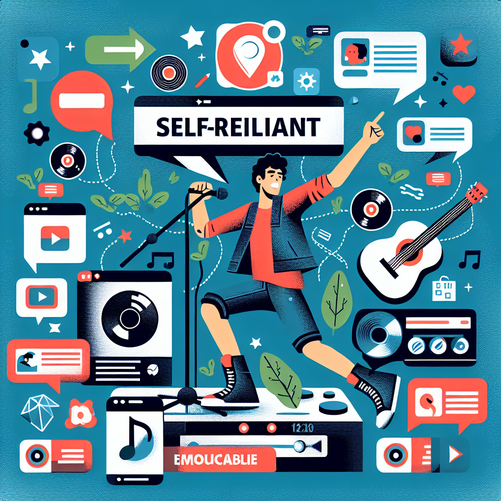A vibrant illustration showing an independent artist promoting their music on Spotify with social media elements like Instagram and TikTok around them
