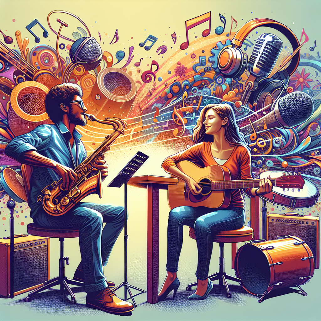 A vibrant illustration showing two musicians collaborating in a studio, surrounded by musical notes and instruments
