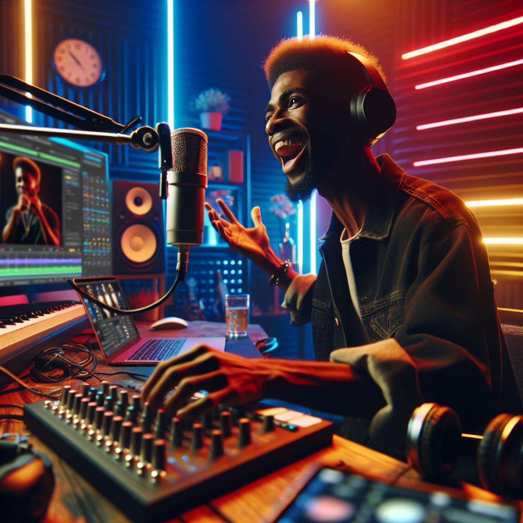 A vibrant scene depicting an independent artist engaging with fans during a live streaming session on social media