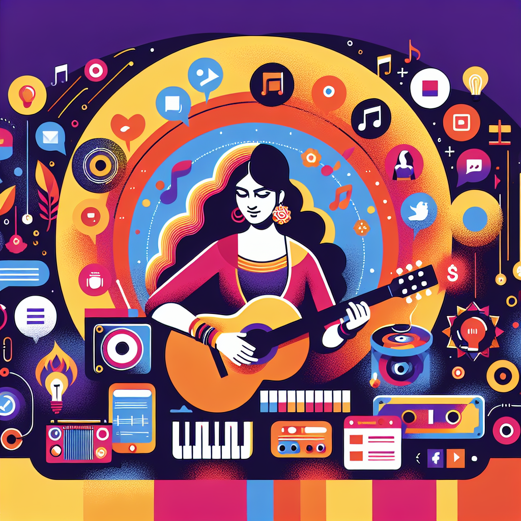 A vibrant and colorful illustration depicting an independent musician promoting their music on Spotify, surrounded by various digital tools and social media icons