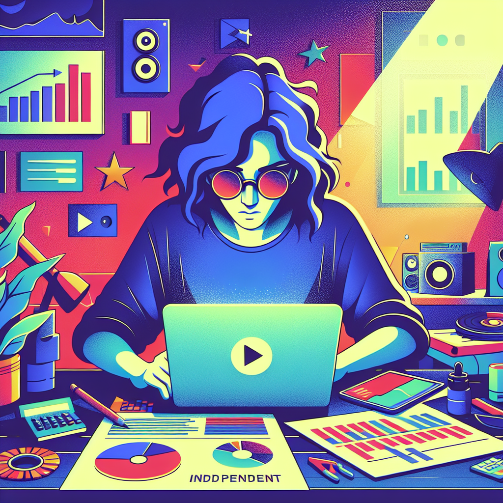 A vibrant illustration of an independent artist working on their Spotify profile optimization while analyzing data on a laptop
