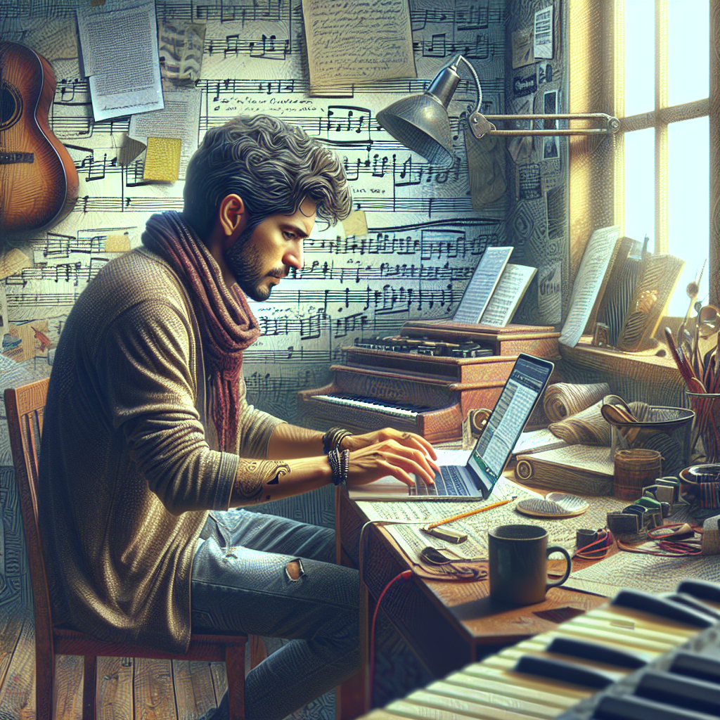 An indie musician sitting at a desk with a laptop open, crafting an email pitch to Spotify playlist curators, surrounded by music notes and instruments