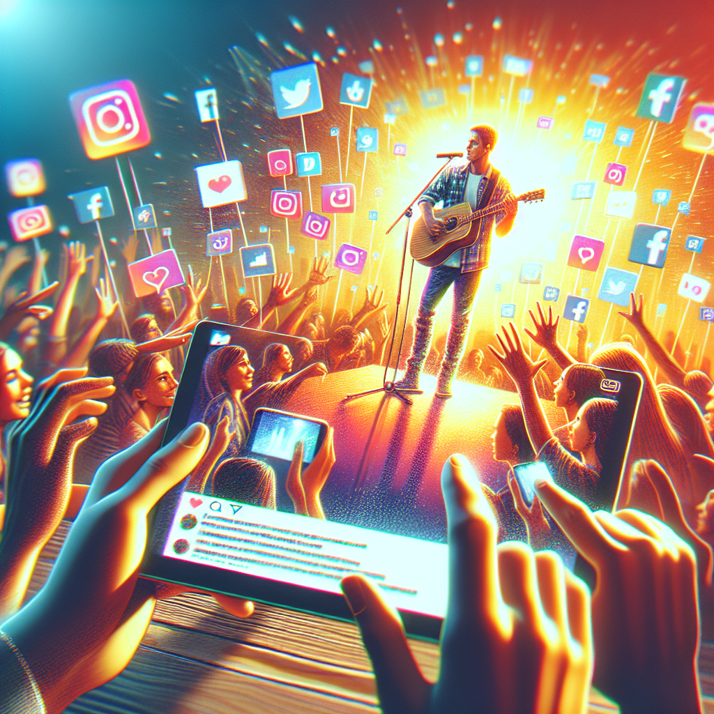 A vibrant digital illustration of an independent musician engaging with fans on social media platforms like Instagram and TikTok