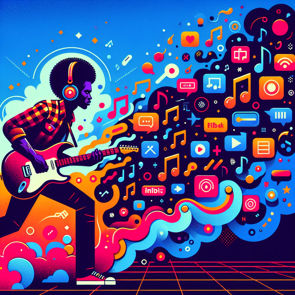 A vibrant illustration depicting an indie musician navigating through a digital landscape filled with musical notes and streaming icons.