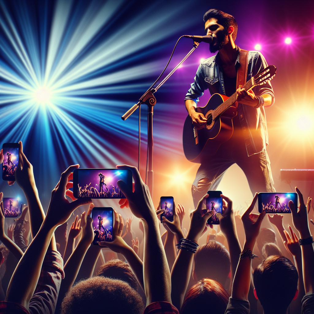 A vibrant illustration of an indie musician performing live while fans engage through social media