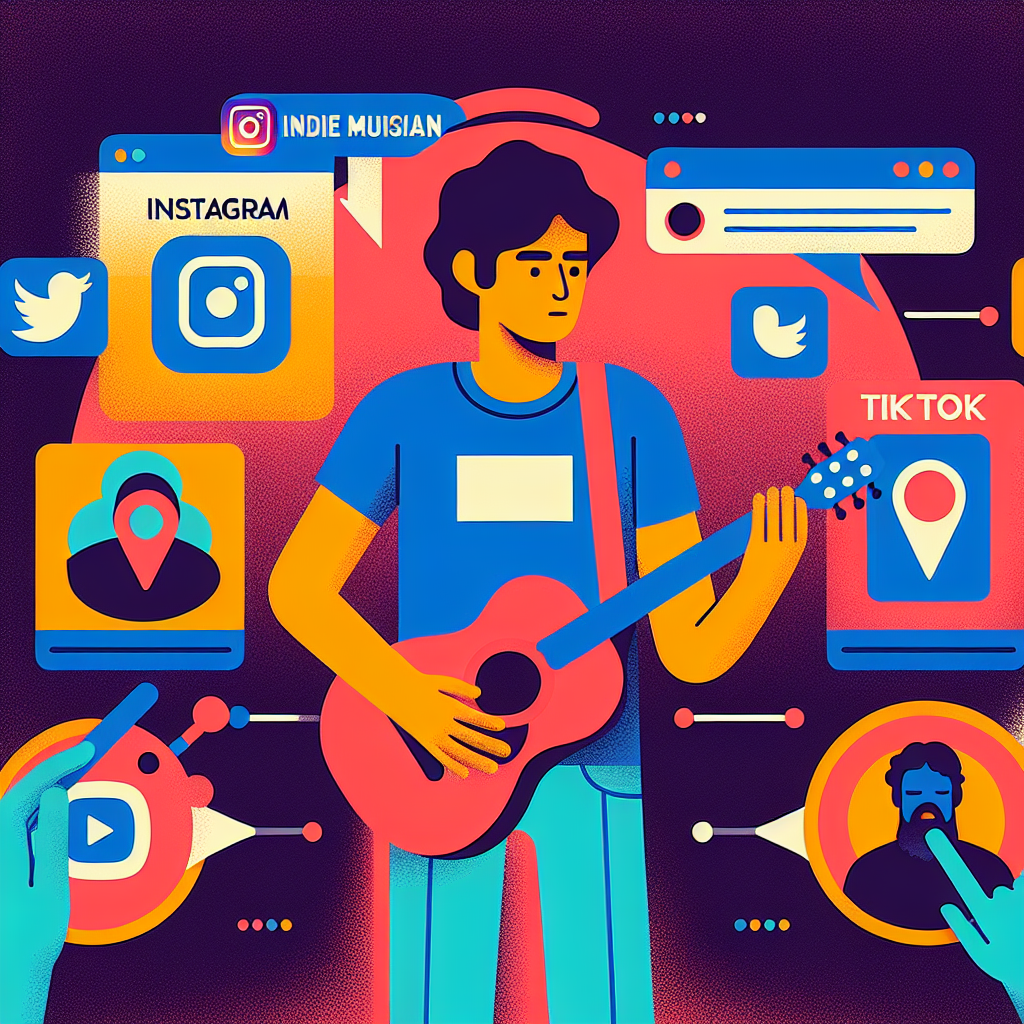 A vibrant illustration depicting an indie musician using various social media platforms for music promotion, showing Instagram posts, TikTok videos, and email newsletters around them