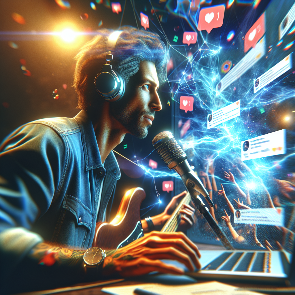 A vibrant illustration of an indie musician engaging with fans on social media platforms while promoting their new song on Spotify.