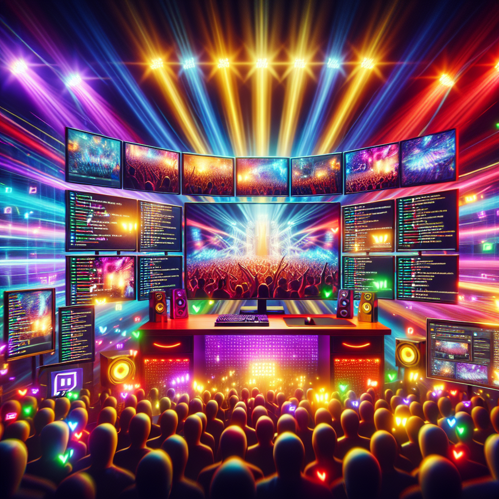 A vibrant Twitch streaming setup with enthusiastic viewers engaged in chat