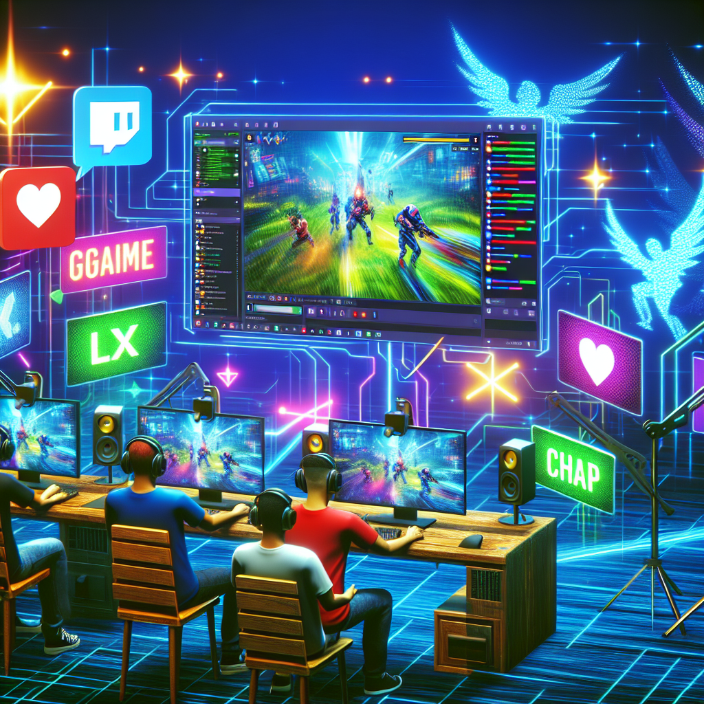 A lively Twitch streaming scene showing an interactive chat with engaged viewers reacting positively, colorful graphics representing gaming culture
