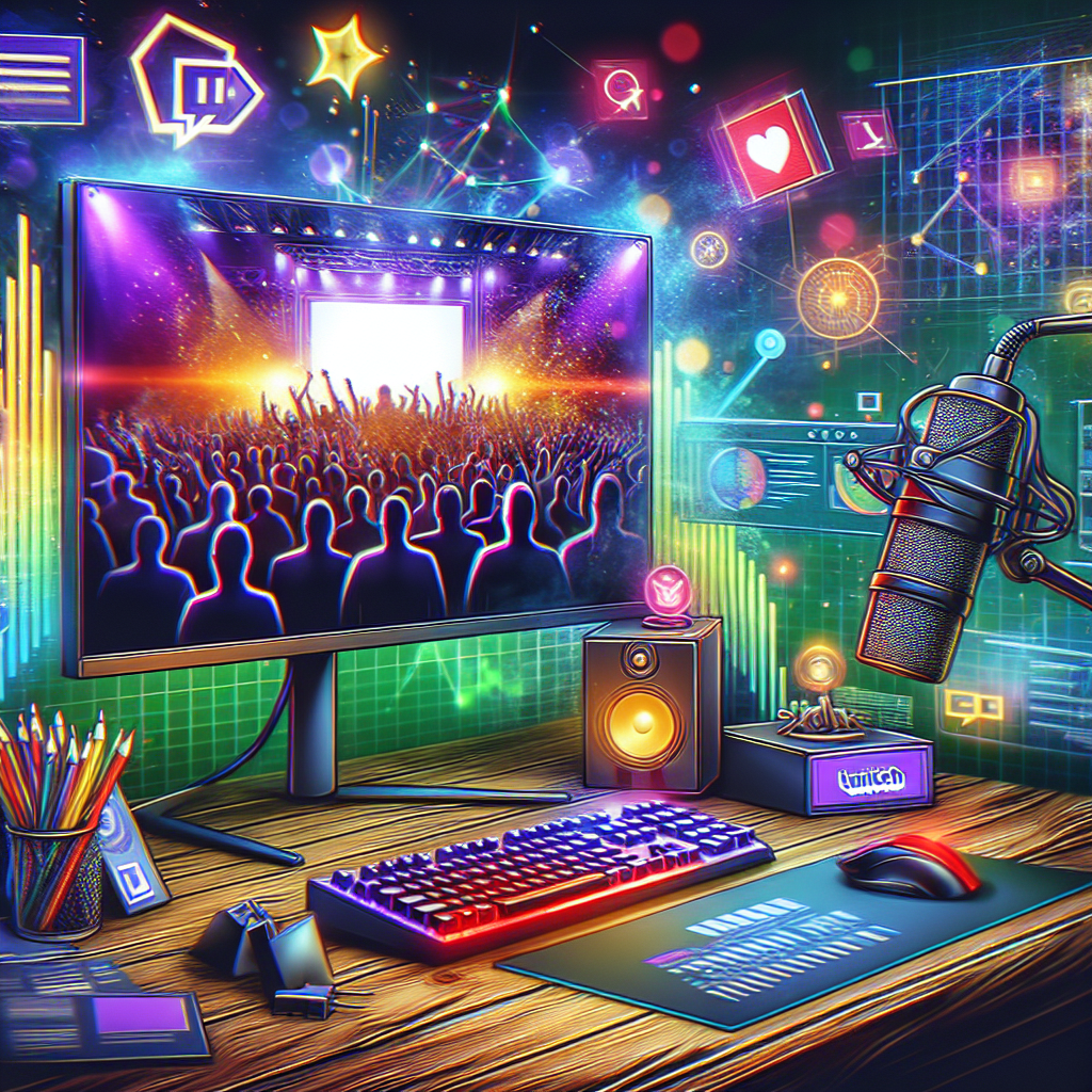 A vibrant Twitch streaming setup with engaging viewers on screen, colorful graphics representing community interaction