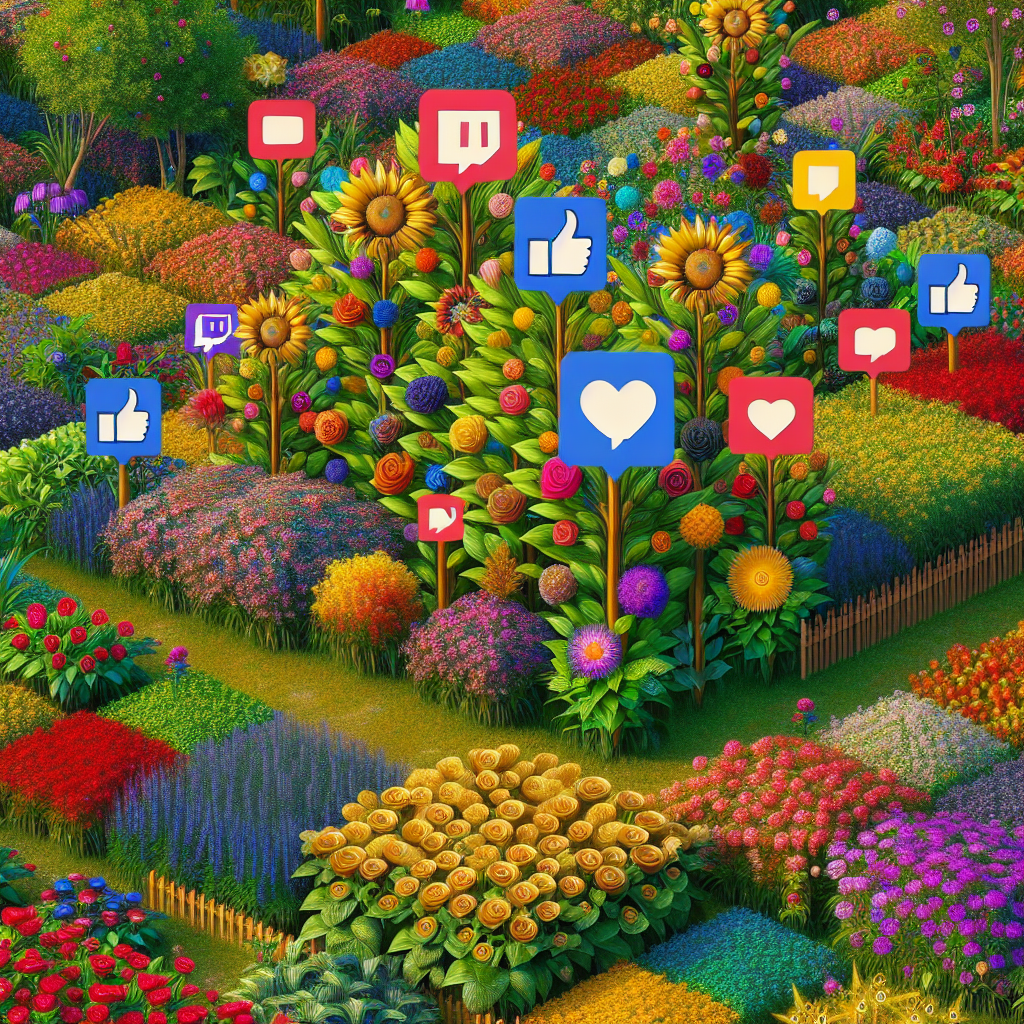 A vibrant garden representing growth in social media followers, with colorful flowers symbolizing diverse Twitch communities