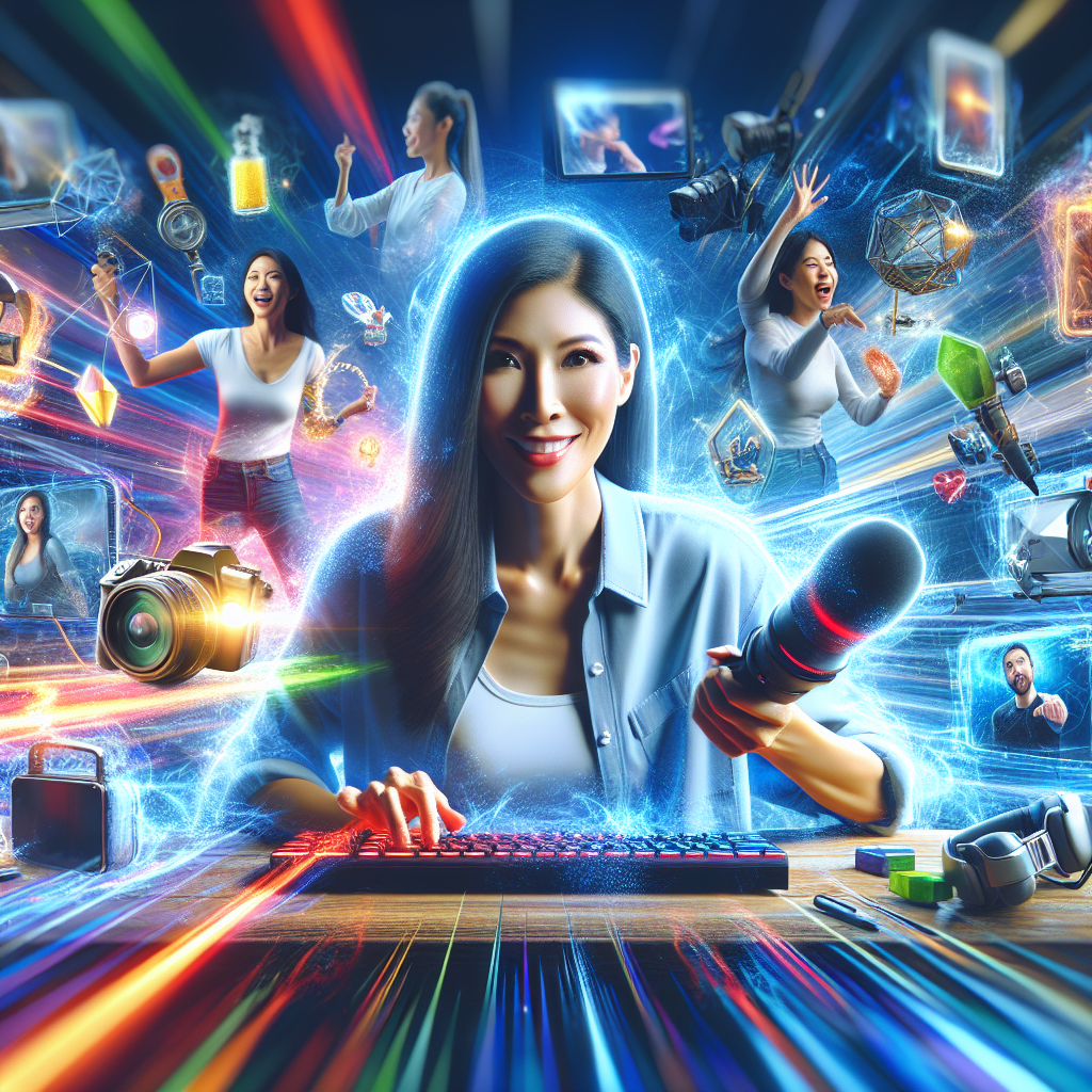 A vibrant illustration depicting a Twitch streamer engaging with their audience while showcasing various brands' products in an interactive way