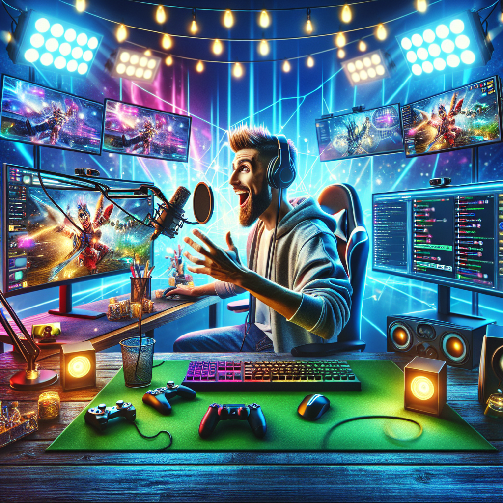 A vibrant Twitch streaming setup with an engaging streamer interacting with loyal viewers in chat