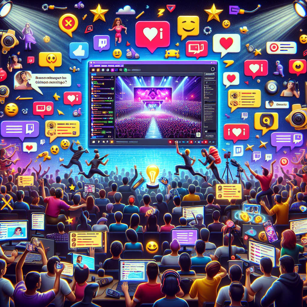 A vibrant Twitch stream scene with engaged viewers in chat, showcasing interaction and community building
