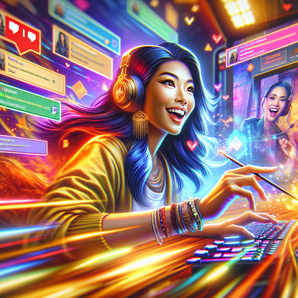 A vibrant Twitch streamer engaging with their audience during a live session, showcasing fun chat interactions and colorful graphics