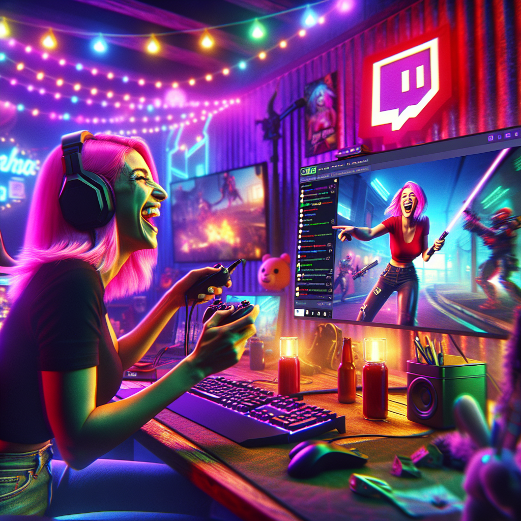 A vibrant Twitch streaming setup with an engaged streamer interacting with loyal viewers in chat