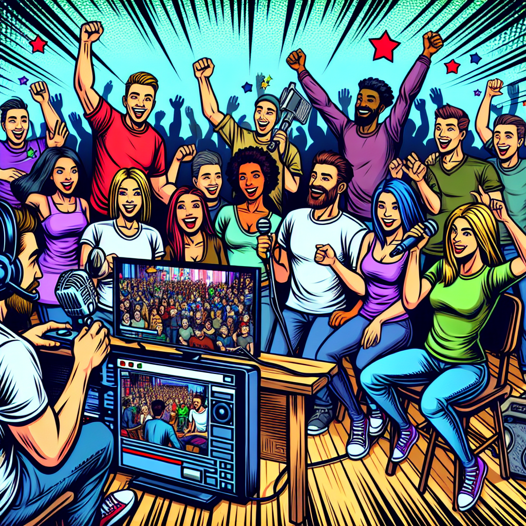 A vibrant digital illustration depicting a lively Twitch streaming party with engaged viewers interacting positively with the streamer.