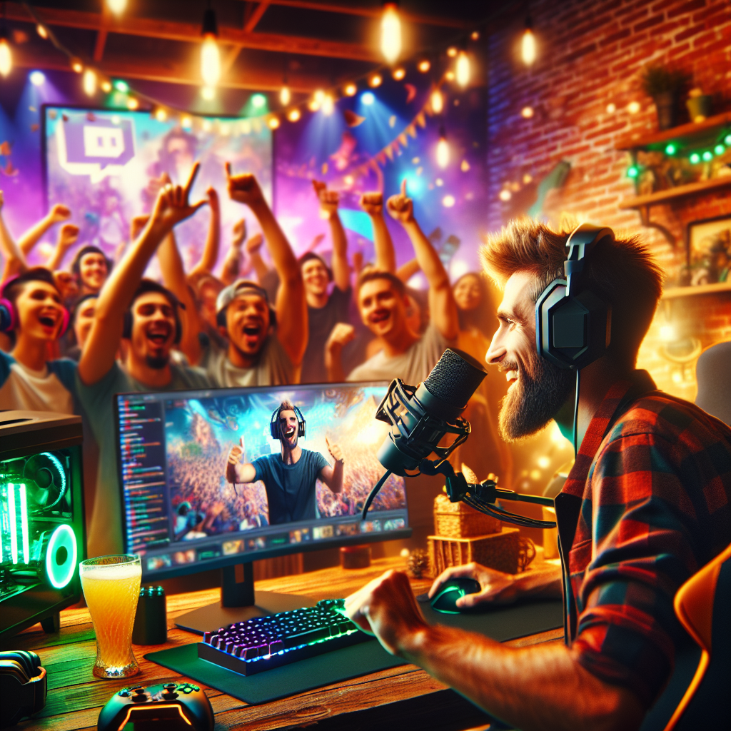 A vibrant Twitch streaming setup with engaged viewers, showcasing community interaction and streamer charisma