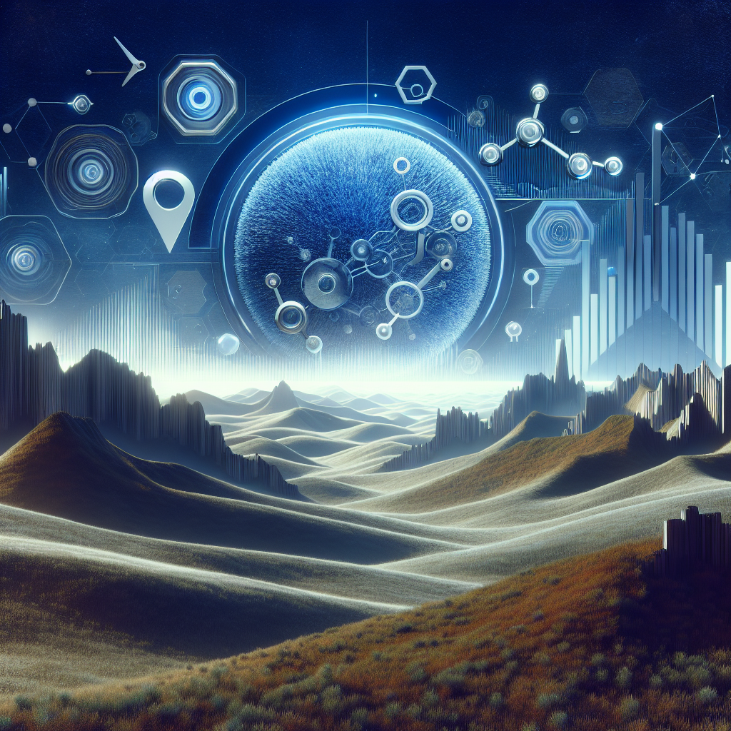 A futuristic digital landscape showcasing SEO elements like graphs, keywords, and website analytics