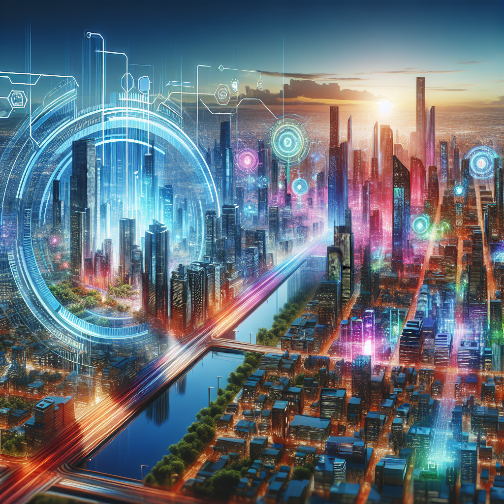 A futuristic cityscape representing digital marketing trends in 2025 with vibrant colors and technology elements