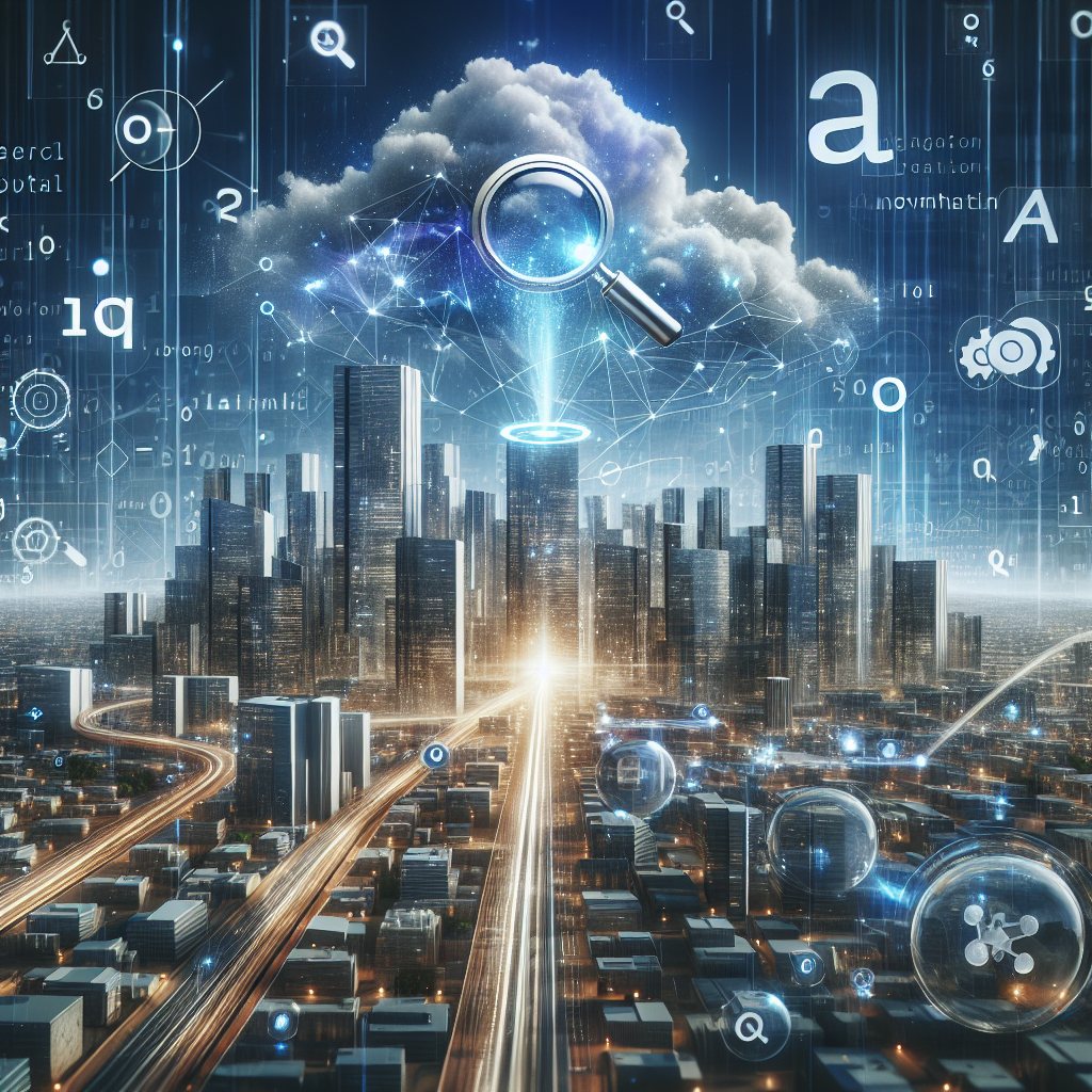A futuristic cityscape representing digital marketing evolution with elements like search engines and AI technology
