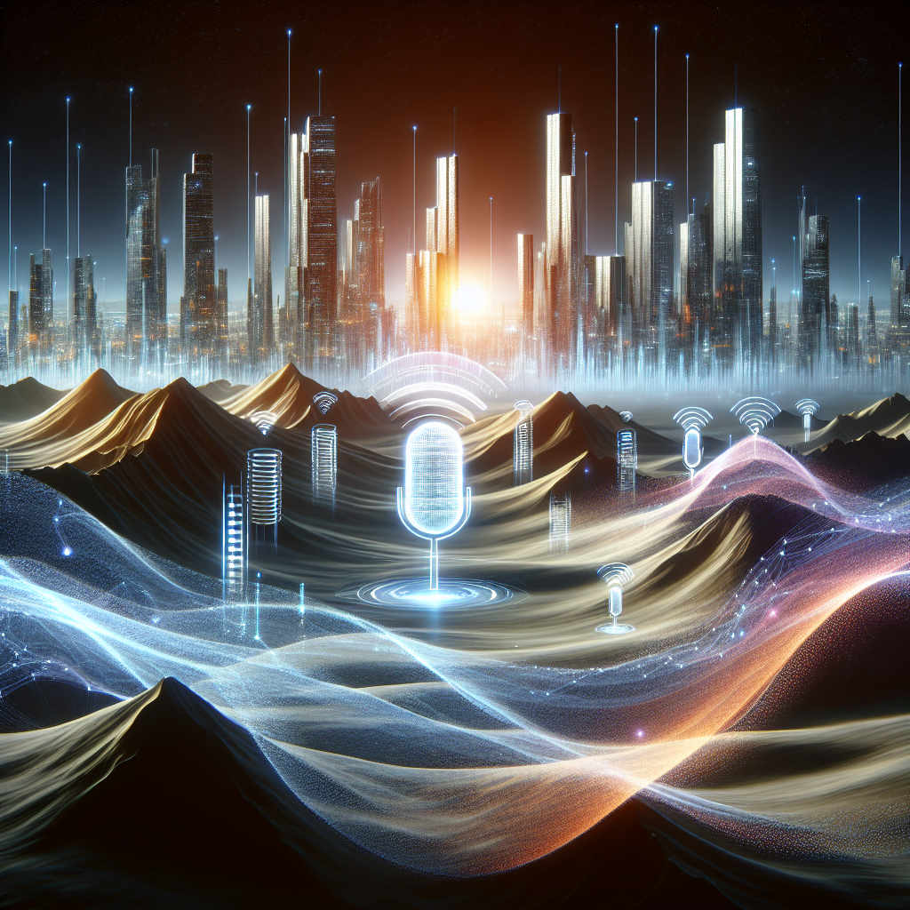 A futuristic digital landscape showcasing SEO strategies like structured data and voice search optimization