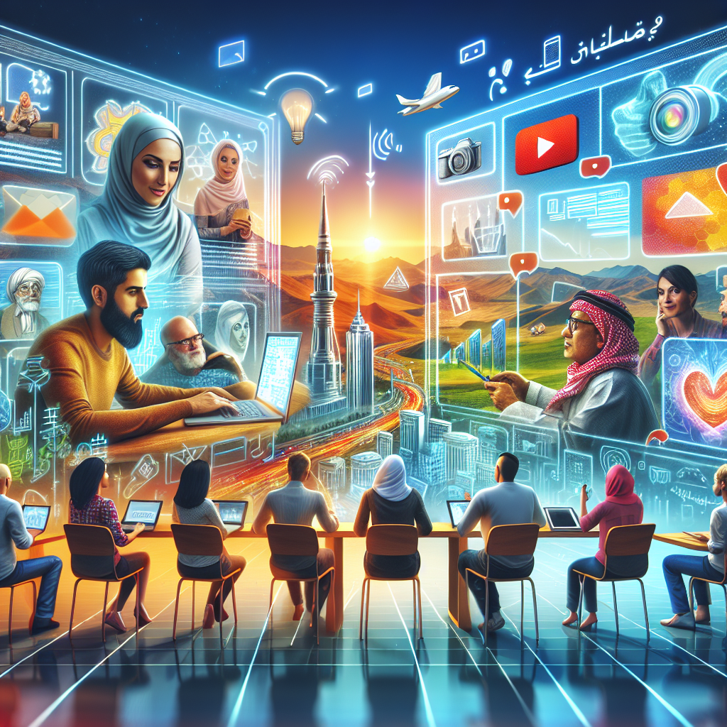 A vibrant digital landscape showcasing various types of engaging online content such as blogs, videos, and infographics with people interacting with them