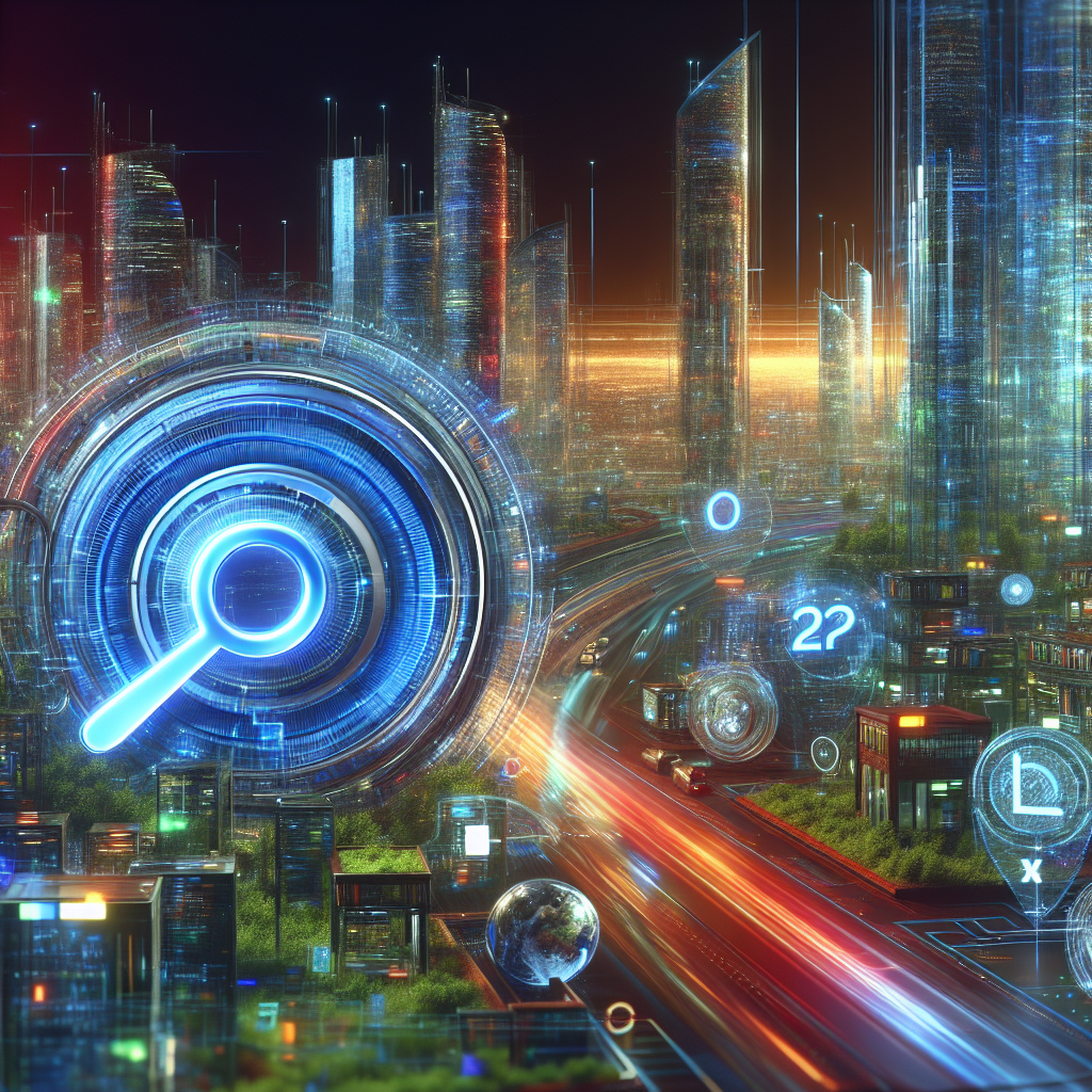 A futuristic digital landscape representing SEO evolution in 2025 with vibrant colors and modern technology elements