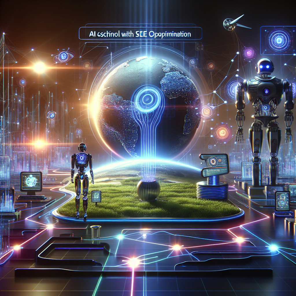 A futuristic digital landscape showcasing AI technology assisting with SEO optimization