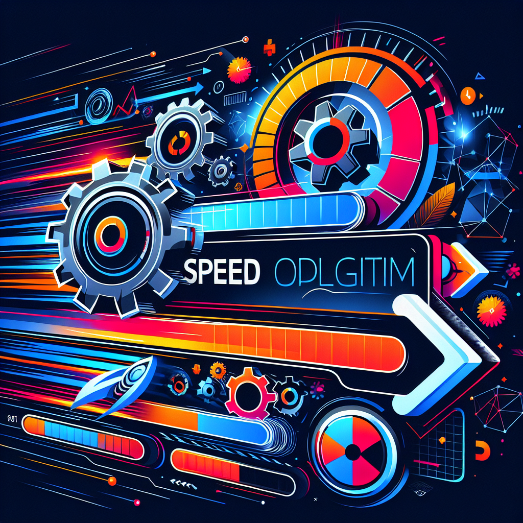 A futuristic website speed optimization concept with elements like gears and loading bars in a techy style