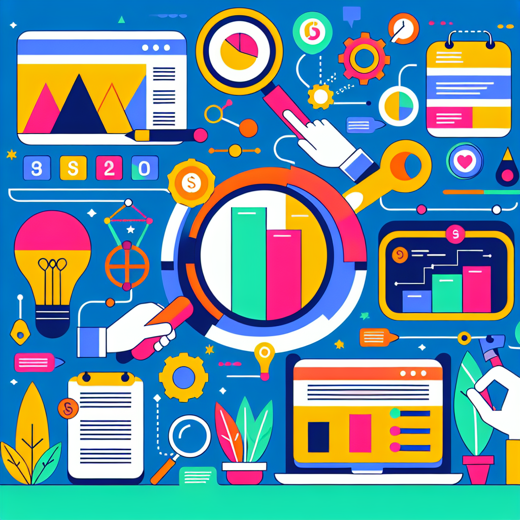 An infographic showing key SEO metrics and tools with vibrant colors