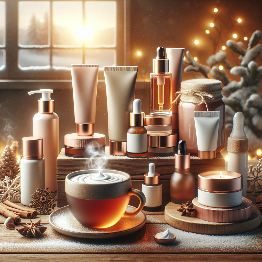 A cozy winter skincare routine setup with various hydrating products like creams and serums on a wooden table next to a steaming cup of tea
