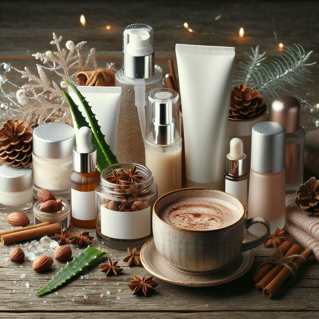 A cozy winter skincare setup featuring hydrating products like aloe vera gel, vitamin C serum, and nourishing creams on a wooden table next to a warm cup of cocoa