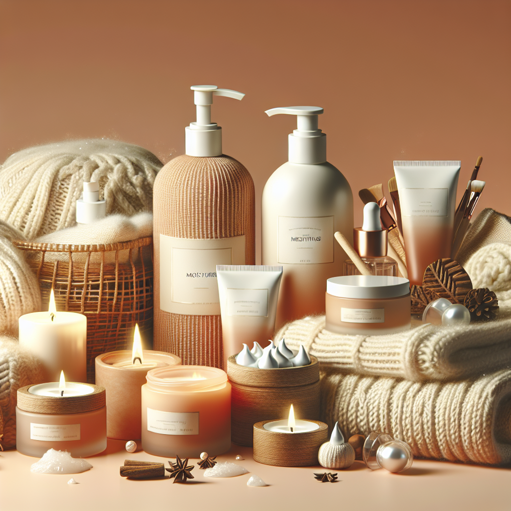 A cozy winter skincare setup featuring moisturizing products suitable for sensitive skin