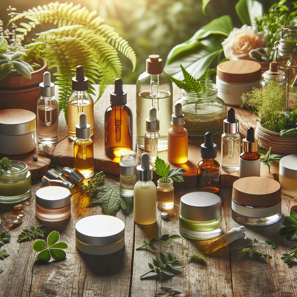 A serene flat lay of various natural Canadian skincare products including facial essences and serums on a wooden table with greenery in the background