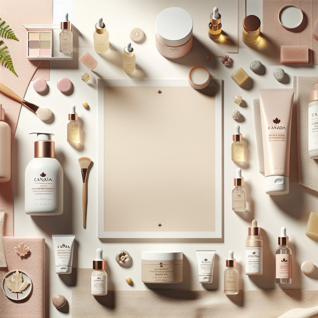 A beautiful flat lay of various natural Canadian skincare essences showcasing their packaging and textures