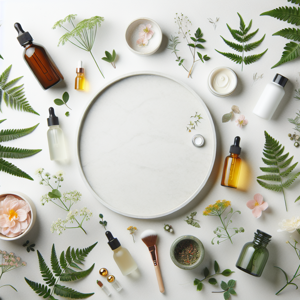 A beautiful flat lay of various natural Canadian skincare essences surrounded by fresh botanicals