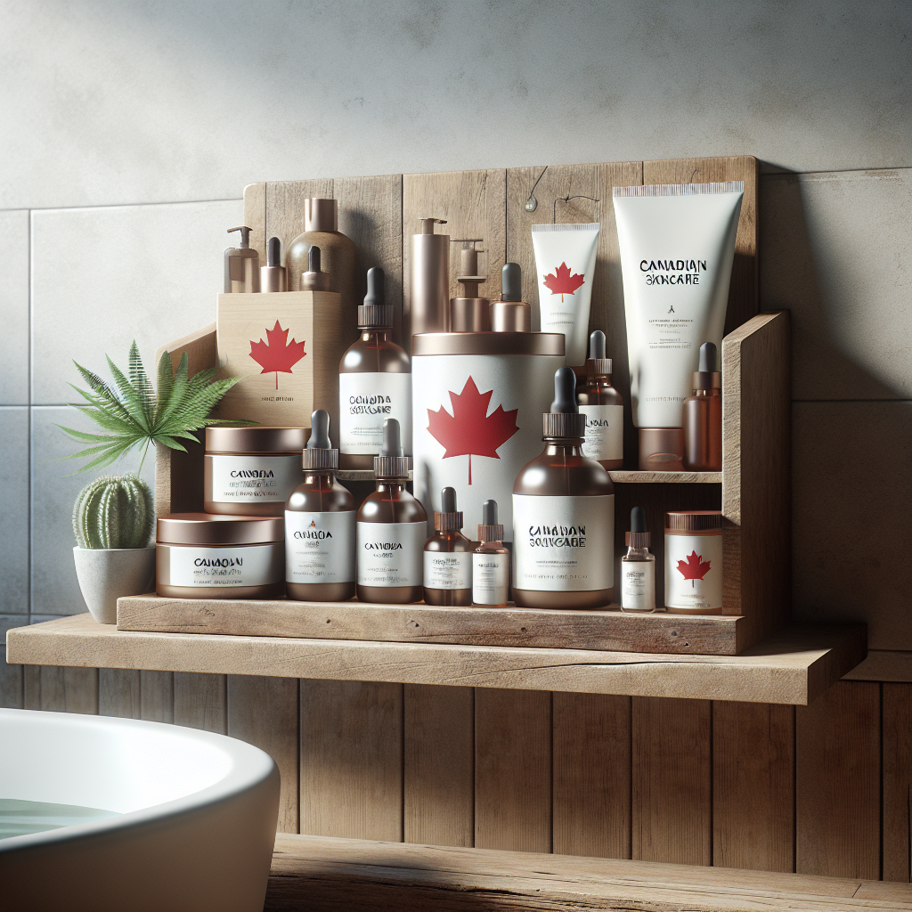 A variety of Canadian skincare essences displayed on a wooden shelf in an inviting bathroom setting