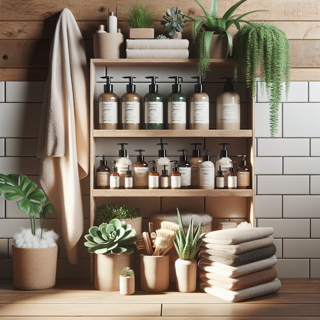 A cozy bathroom scene featuring an array of natural shampoos made in Canada on a wooden shelf next to potted plants and soft towels