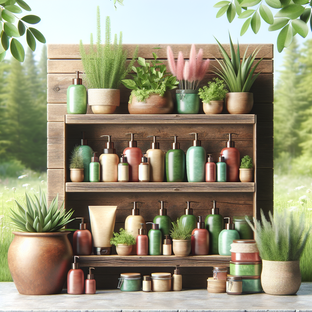 A vibrant display of various natural shampoos made in Canada on a wooden shelf with plants around