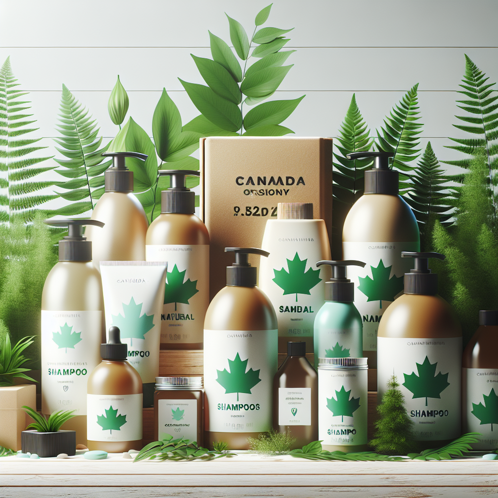 A vibrant display of various natural shampoos made in Canada, featuring eco-friendly packaging, surrounded by green plants