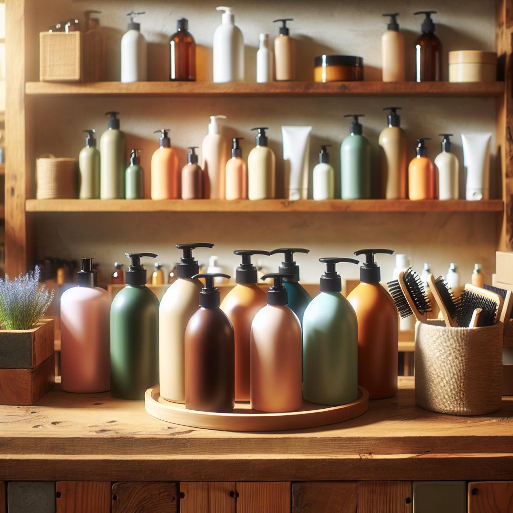 A vibrant display of various natural shampoo bottles on a wooden shelf in a cozy store setting