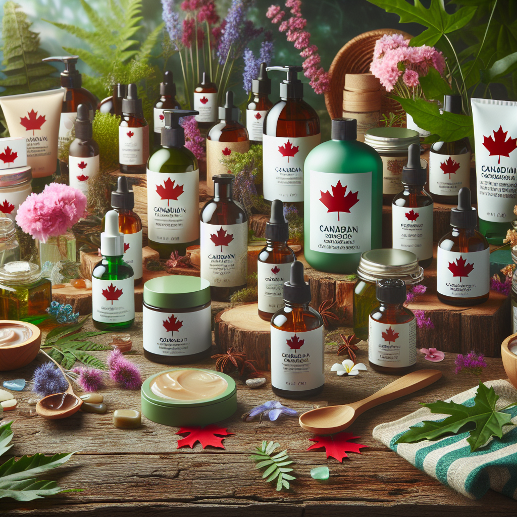 A vibrant display of various Canadian organic skincare products on a rustic wooden table surrounded by natural elements like plants and flowers