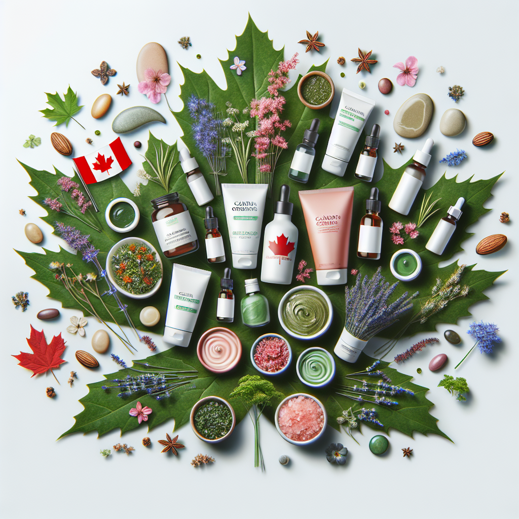 A vibrant display of various Canadian organic skincare products arranged artistically with natural elements like herbs and flowers
