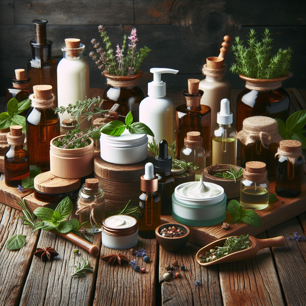 A vibrant display of various organic skincare products including cold-pressed oils, herbal extracts, and plant-based creams on a wooden table surrounded by fresh herbs